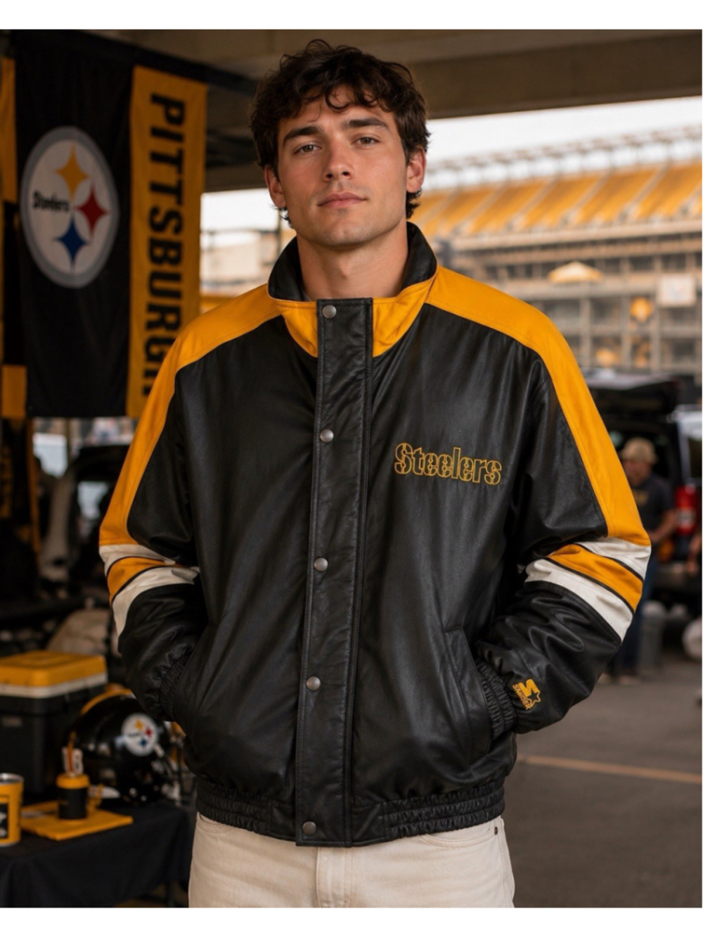 Vintage Starter Pittsburgh Steelers NFL Leather Jacket Men's L Black Gold